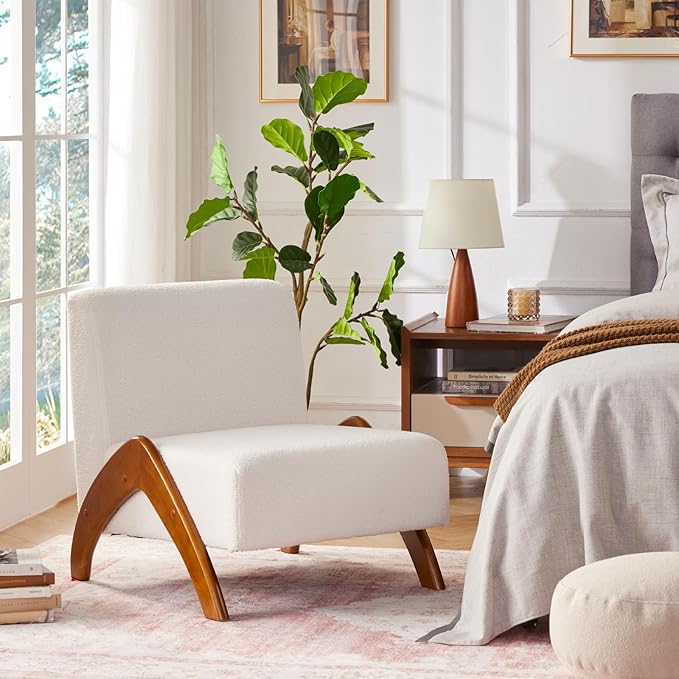 Oversized Accent Chair Set of 2 upholstered armless mid Century Modern Living Room Chair with Wooden Legs for Bedroom/Office/Cafe Sherpa Cream