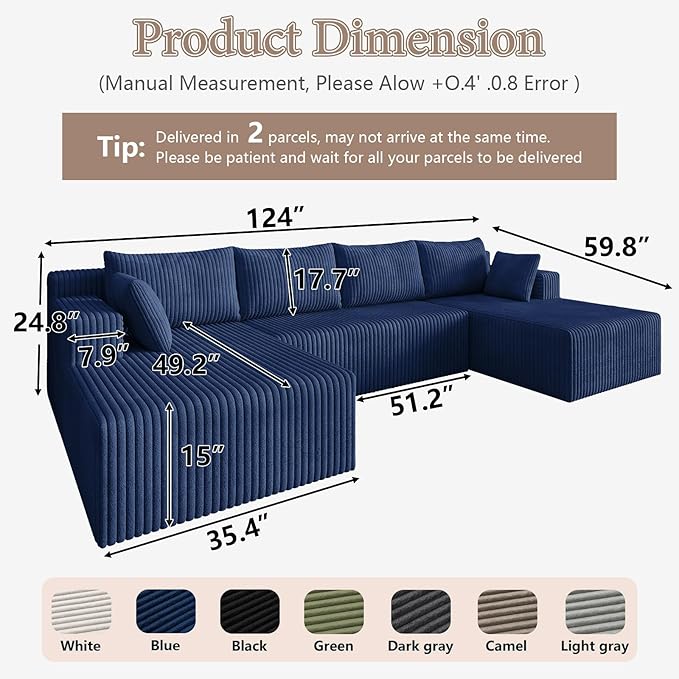 123 Cloud Modular Sectional Couch U-Shaped with Two Chaise Corduroy Boneless Couch for Living Room Bedroom Deep-Seat Upholstered Modular Cloud Sofa No Assembly Required Navy Blue