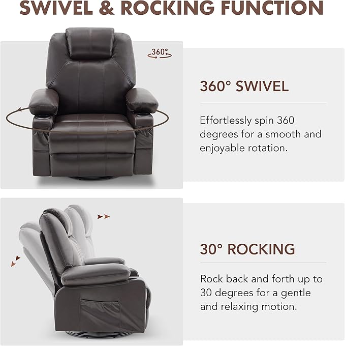 Oversized Swivel Rocker Recliner Chair with Heat and Massage 360 Degree Swivel Rocking Single Sofa with Cup Holders and USB Port Large Big Recliner Chair for Living Room(Leather Dark Brown)