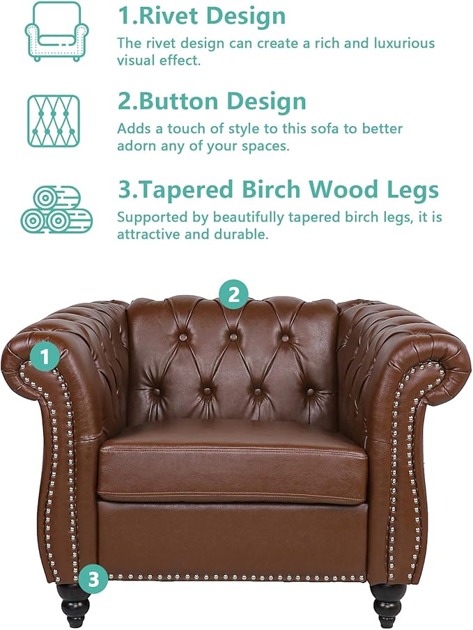 Living Room Chair Modern Leather Chesterfield Sofa Chair Mid Century Single Sofa Couch Chair with Tufted Back and Rolled Arms Accent Sofa Chair for Living Room Apartment Brown