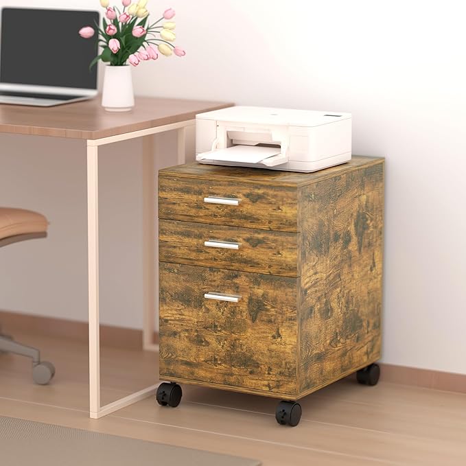 3 Drawer File Cabinet with WheelsPreassembled Rustic Brown Wood OrganizerMultifunctional for Home OfficeMobile Printer Stand Storage19 L x 16 W x 22 H