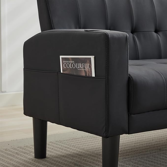 TYBOATLE Sofa Couch 62 W Loveseat w/ 2 USB Charger Ports &amp 2 Cupholders Mid-Century Modern Tufted Small Love Seat Couches for Office Living RoomBedroomApartmentDorm (3 Black)