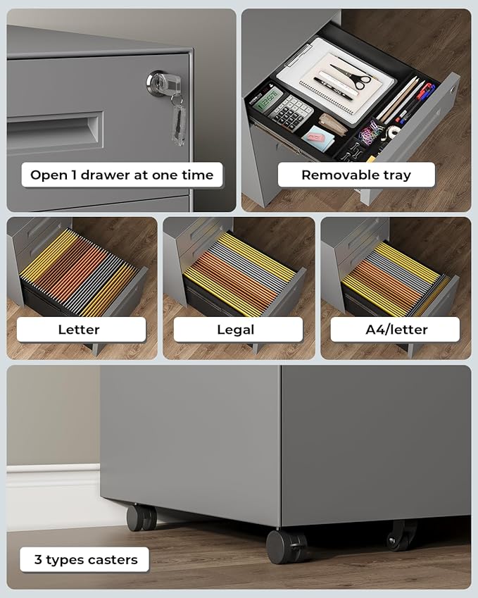 Dripex 3 Drawer File Cabinet Mobile File Cabinet with Lock on Wheels Letter/Legal Size Fully Assembled Modern Small Short Vertical Metal Rolling Filing Cabinets Under Desk for Home Office (Grey)