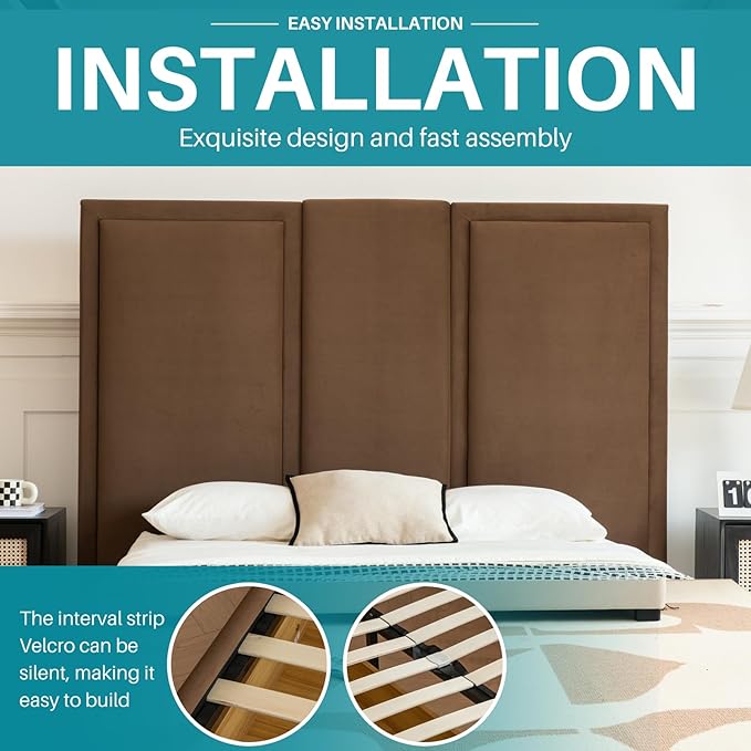 YUHUASHI Queen Size Bed Frame with 64-inch High Headboard Simple and Airy Linen Upholstered Platform Bed with Storage Drawers Wood Slat No Noise (Brown Queen)