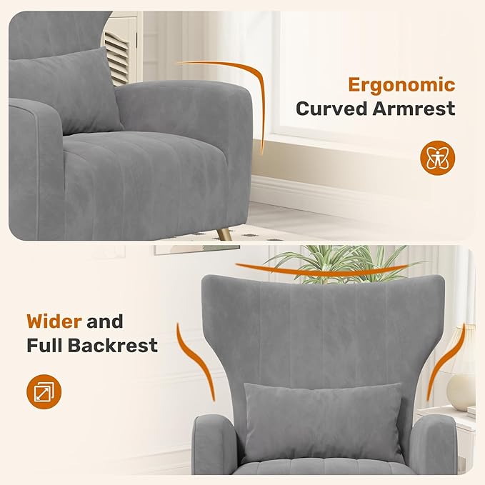Gary Velvet Accent Chair Set of 2 Wingback Chair for Living Room High Back Arm Chair with Golden Legs Lumbar Pillow Upholstered Single Sofa Bedroom