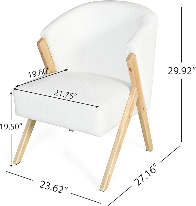Christopher Knight Home Modern Fabric Upholstered Barrel Accent Chair with Curved Backrest and Rubber Wood A-Shaped Frame Living Room Bedroom Home Office or Apartment White and Natural Brown