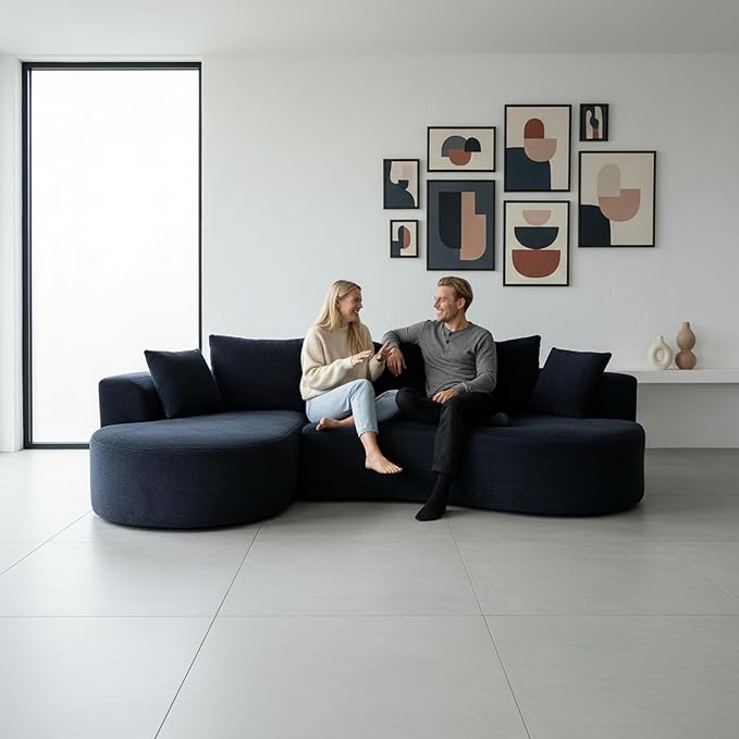 ERYE Oversized Curved Tight Backrest Sofa Floor Boneless Modular Foam Sofa Couch with Left Facing Chaise Lounge and 5 Pillows Corduroy Upholstered No Assembly Required