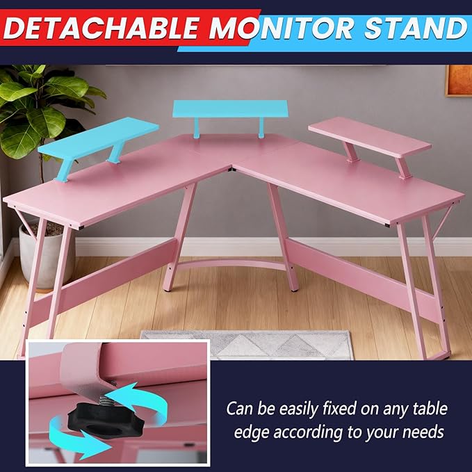 FDW L Shaped 51 Inch Gaming DeskCorner Computer DeskPC Gaming DeskWriting Workstation with Large Monitor Stand for Home OfficeSoft Pink