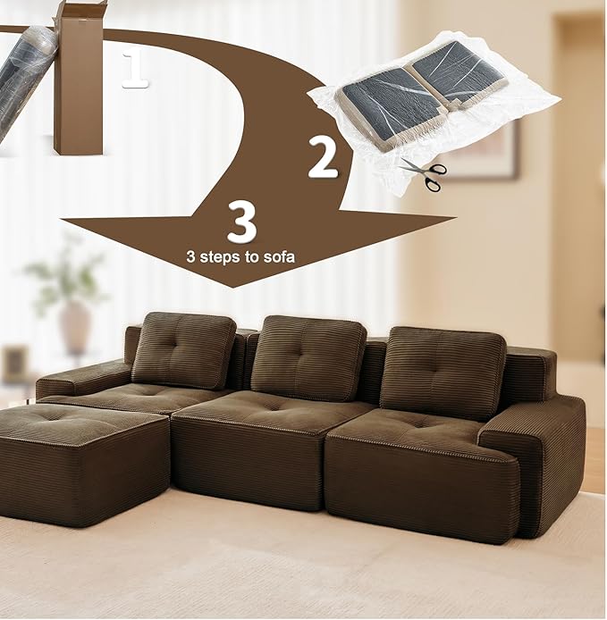117 Modern Corduroy Cloud Sofa with Ottoman L Shaped Boneless Modular Large Sectional Couches for Living Room Brown 3 Seater Compressed Memory Foam Couch Extra Deep Seat No Assembly