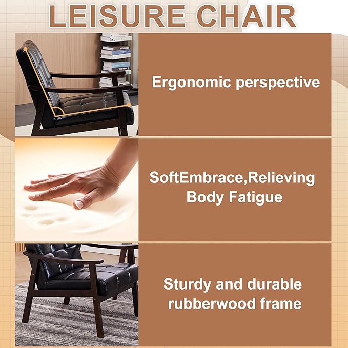 Medieval Modern Armchair High Back Antique Black Upholstered Chair with Solid Wood Legs Vintage-Inspired Reading Chair for Living Room Bedroom Study Lounge Furniture (Black + PU Leather)