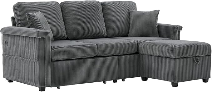 L-Shaped Sectional Sofa with Storage &amp Movable Ottoman Corduroy 3 Seater Sectional Couch with USB Charging Cup Holder &amp LED Light Couches for Living Room (Dark Gray 76.38)