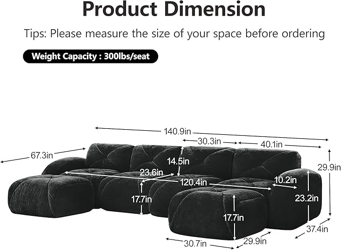 140 Sectional Modular Cloud Couch Boneless Couches with Deep Seat Convertible 4-Seater Sofa Set with 2 Ottomans for Living Room Bedroom Office Black