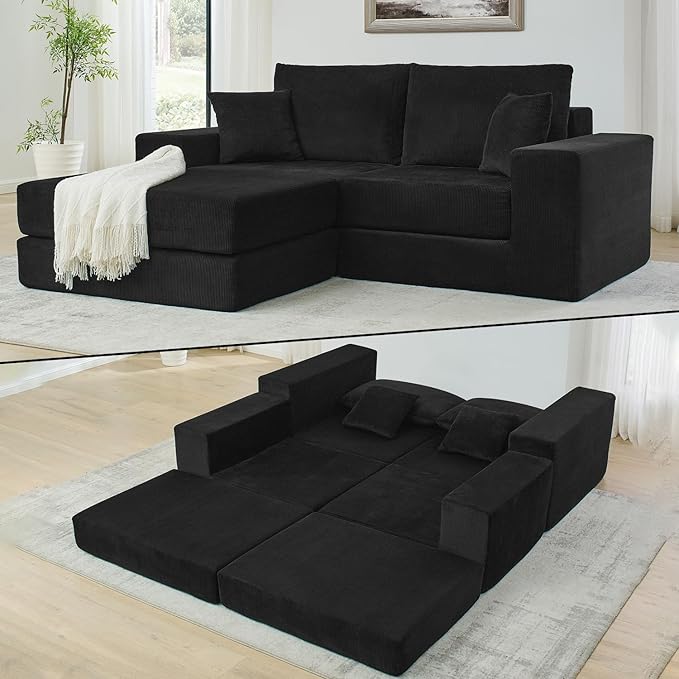 80 Inches Modular Sectional Loveseat Sofa Cloud Boneless Couch with Non-Slip Base Modern Sleeper Sofa Bed for Living Room Small Spaces No Assembly Required Corduroy (Black)