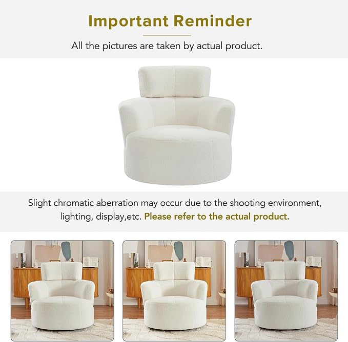 Swivel Accent ChairBedroom Barrel Chairs with Seat CushionModern 360° Soft Berber Fleece Fabric Circle Chair with Adjustable Headrest for Living Room(Cream)