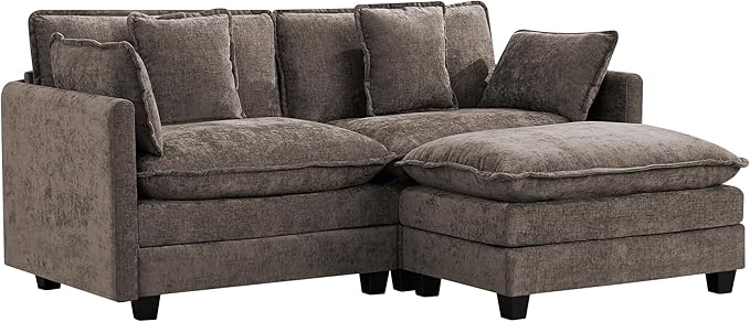 Cloud Couch Loveseat with Ottoman Oversized Comfy Modular Sectional L Shaped Sofa with Deep Seat Cushions Chenille 2-Seater Lounge Set for Living Room Brown
