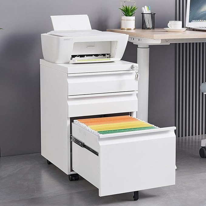 3-Drawer Mobile Filing Cabinet with Lock Legal/Letter Sized Office Storage Cabinet Metal Suitable for Offices and Study Rooms(White)