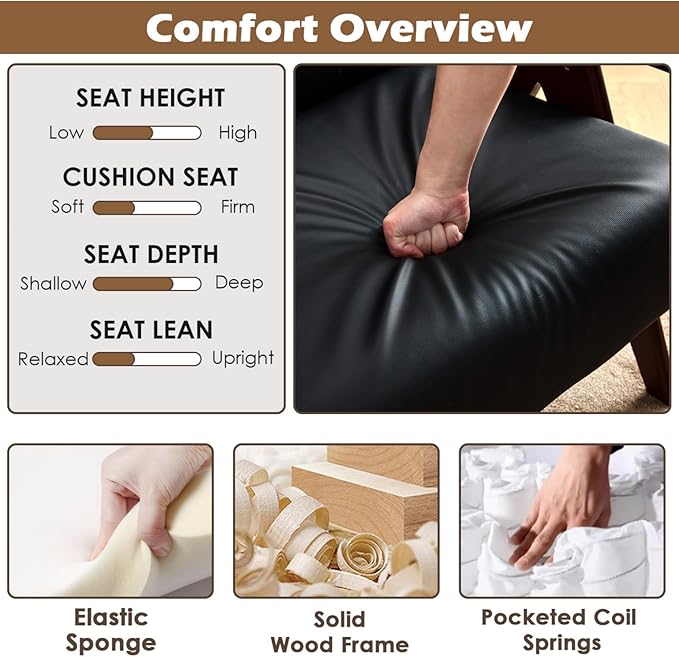 STHOUYN Black Leather Accent Chairs Mid Century Modern Chair Side Arm Chairs for Living Room Office Guest Waiting Room Chairs (1 Black)