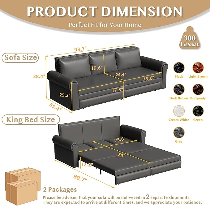 93.7 King Size Sleeper Sofa Bed Pull Out Sofa Bed Faux Leather Upholstery 3 in 1 Convertible Sleeper Couch Chaise Lounge Retro Recliner for Living Room Office Apartment Grey