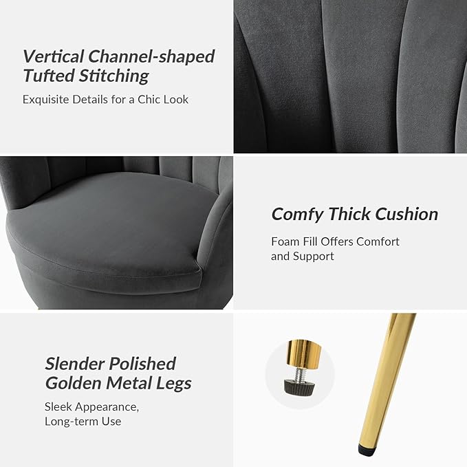 HULALA HOME Modern Velvet Accent Chair with Shell Shaped Back Cute Living Room Bedroom Armchair with Gold Legs Comfy Upholstered Vanity Chair for Makeup Room Grey