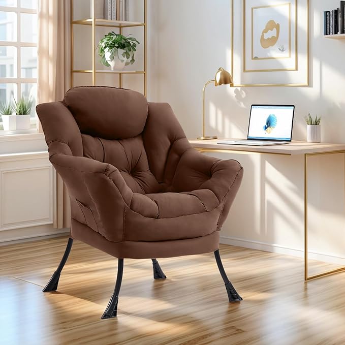 Lazy Chair for Living Room Modern Accent Chairs with Armrests Dark Brown Armchairs with Side Pocket Cozy Lazy Sofa for Reading Balcony Bedroom Dorm Small Spaces