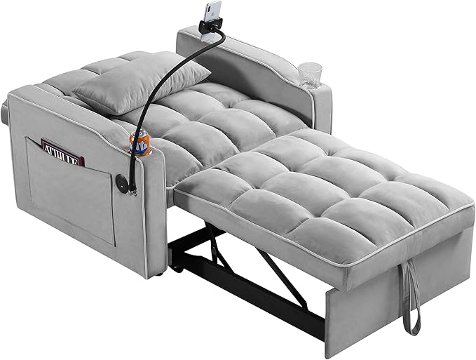 Convertible Chair Bed 3 in 1 Sofa Bed Chair with Adjustable Backrest &amp Cup Holder &amp Charging Station Small Space One Person Couch for Apartment Office Living Room Bedroom (Grey)