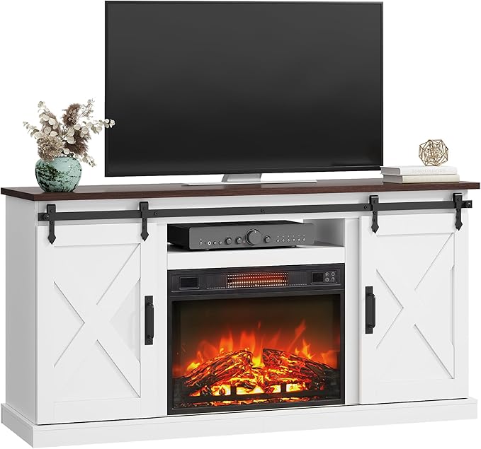 WLIVE Farmhouse Electric Fireplace TV Stand for TVs up to 65 Entertainment Center with Sliding X-Shaped Barn Door &amp Storage Cabinet Media TV Console with 23 Fireplace for All Seasons White