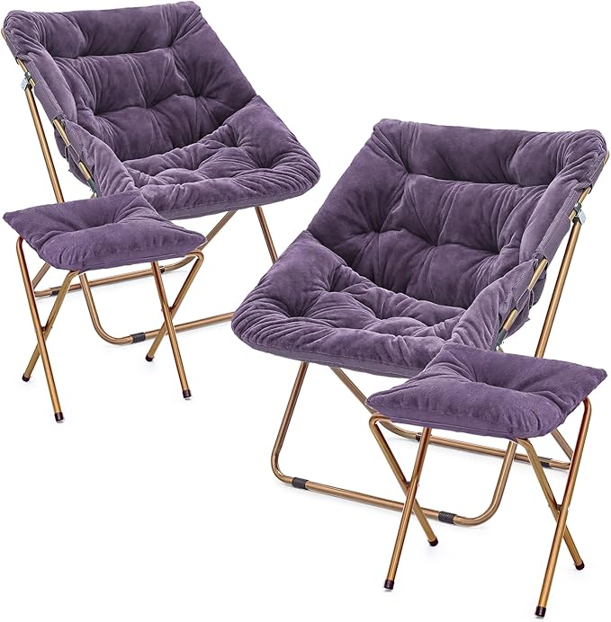MoNiBloom Square Folding Faux Fur Saucer Chair for Bedroom Living Room Foldable Metal Frame Oversized Large Comfy Furry Padded Soft Cozy Moon Chair with Footrest Ottoman for Adults (Purple 2 Set)