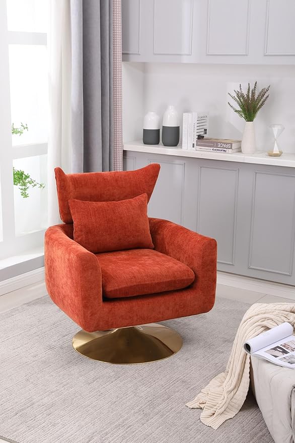 Swivel Accent Chairs for Living Room Mid Century Modern Accent Chair with Arms Comfy Side Chairs for Living Room with Gold Base &amp Lumbar Pillow Upholstered Armchair with Wingback (Orange)