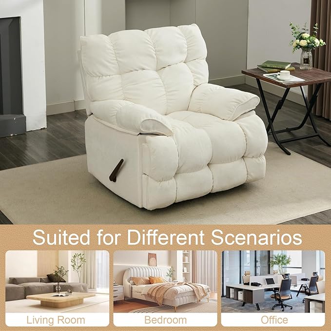 Oversized Rocker Recliner Chair for AdultsOverstuffed 360° Swivel Rocking Recliner Extra Wide Breathable Fabric Manual Reclining Single Sofa for Living Room (White)