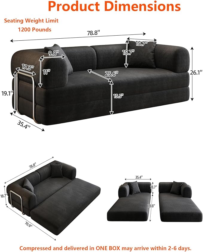Convertible Sleeper Sofa Bed with Cylindrical Pillow 79 Inch Oversized Corduroy Upholstered Boneless CouchLove Seat Floor Sofas Living RoomSmall Space ApartmentOffice (Black)
