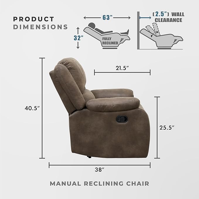 Lexicon Manual Recliner Sofa Chair Home Theater Seating Wall Hugger Manual Reclining Nursery Chair for Bedroom/Living Room/Office/Apartment Brown Polished Microfiber