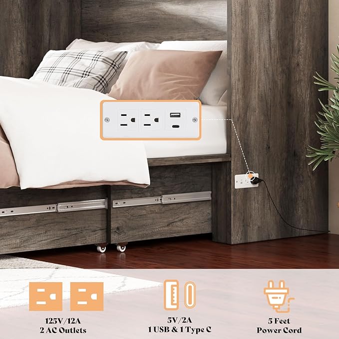 AMERLIFE Queen Murphy Bed with Storage &amp Charging Station Farmhouse Murphy Cabinet with Foldable Panel Noisy Free for Living Room Guest Bedroom Office Rustic Grey