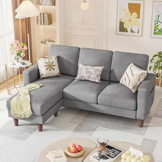 Homall Convertible Sectional Sofa 3 Seat L Shaped Couch with Side Storage Pocket Sofas with Movable Ottoman Small Linen Couches for Living Room &amp Apartment (Linen Fabric Light Grey)