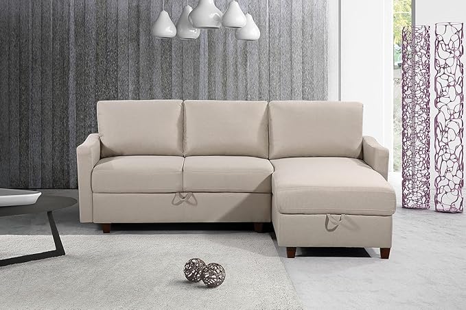 Sectional Sofa with Storage – Modern Upholstered Living Room Couch Reversible Chaise for Home Apartment Office 81.9” L Beige