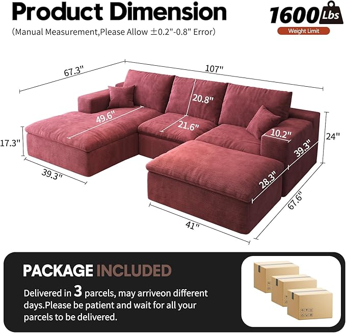 107'' U-Shaped Modern Modular Sectional Cloud Couch Whit Ottoman 4-Seat Chenille Deep-Seat Sofa with Pillow for Living Room Bedroom Apartment Wine Red