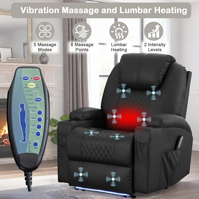 Power Recliner Chair with Heat and Massage for Adults - Home Theater Seating with LED LightsCup HoldersSide PocketUSB Port - Recliner Sofa for Living Room (Black Set of 2)