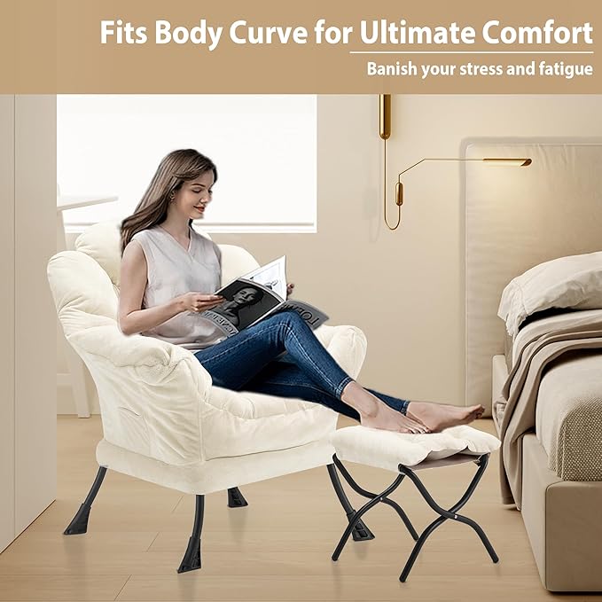 Lazy Chair with Folding Ottoman Accent Chair Plush Upholstered with Metal Structure and Non-Slip Pads Sofa Armchair with Footrest and Side Storage Bag for Dorm Room Office Beige
