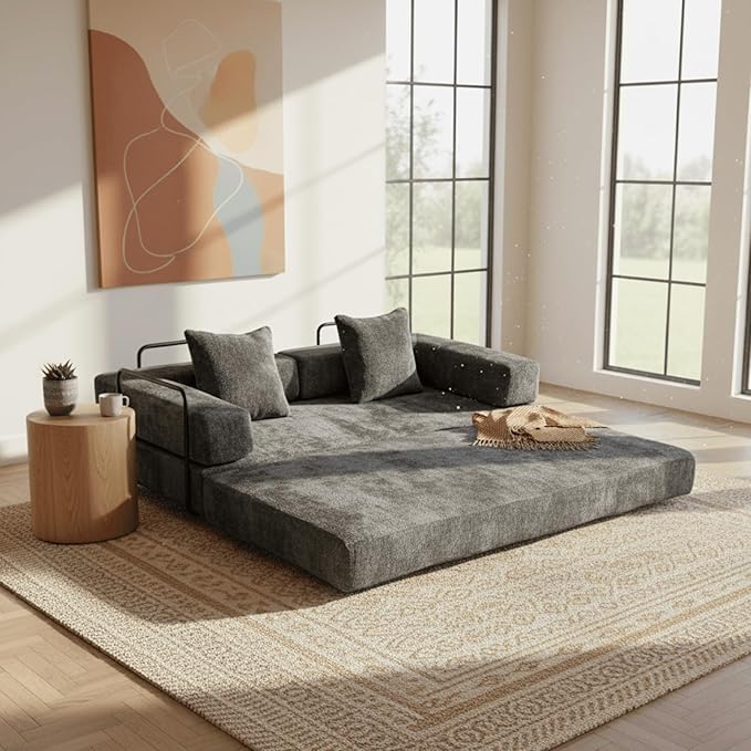 Alpen Futon Sofa Bed 4-in-1 Floor Foldable Sofa Couch Bed Queen with L-Shaped Armrests Convertible Folding Chair Bed Sleeper Mattress Sofa in A Box for Living Room Bedroom Dark Grey
