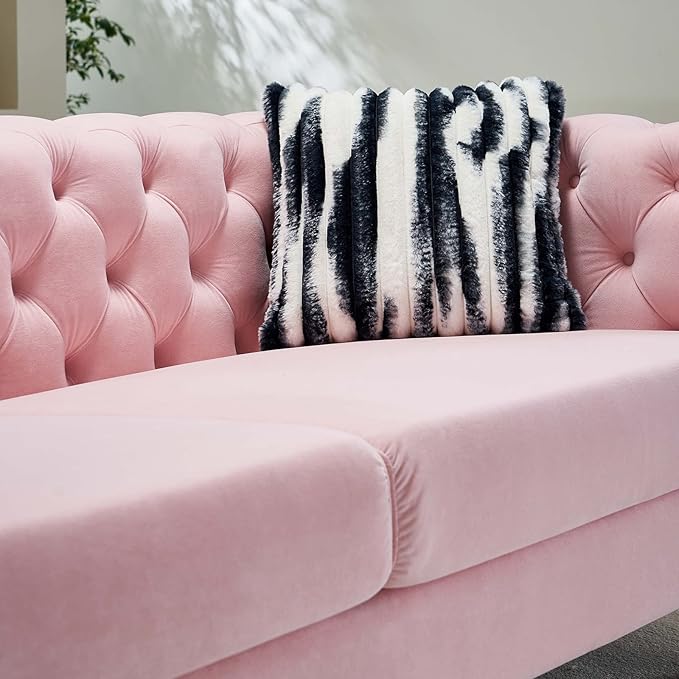 Dolonm Modern Velvet Sofa for Living Room 84 Inches Long Tufted Couch Upholstered Sofa with 2 Pillows High Arm and Metal Legs Decor Furniture for Bedroom Office (Pink)