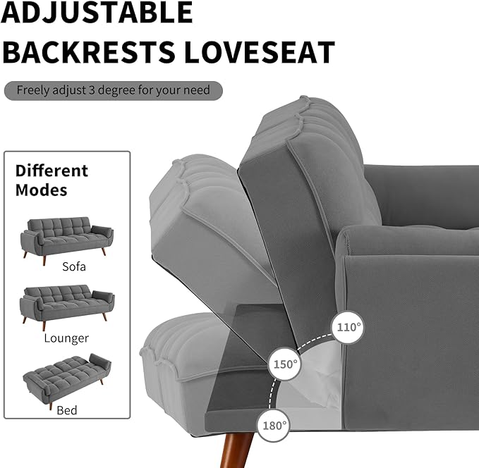 Convertible Futon Sofa Bed Linen Sleeper Couch 75 W Modern 3 Seater Tufted Sofa with Solid Wood Legs and Adjustable Backrests for Small Spaces Living Room Bedroom Dark Gray