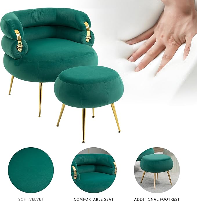 Velvet Accent Chair with Ottoman Set Modern Upholstered Armchair Tufted Chair with Footstool Single Sofa Chair with Metal Legs for Living Room Apartment Bedroom(Green-Chair and Ottoman)