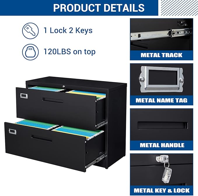 Lateral File Cabinet with Lock 2 Drawer Large Metal Filing CabinetHome Office Lockable Storage Cabinet for Hanging Files Letter/Legal/F4/A4 Size-Assembly Required
