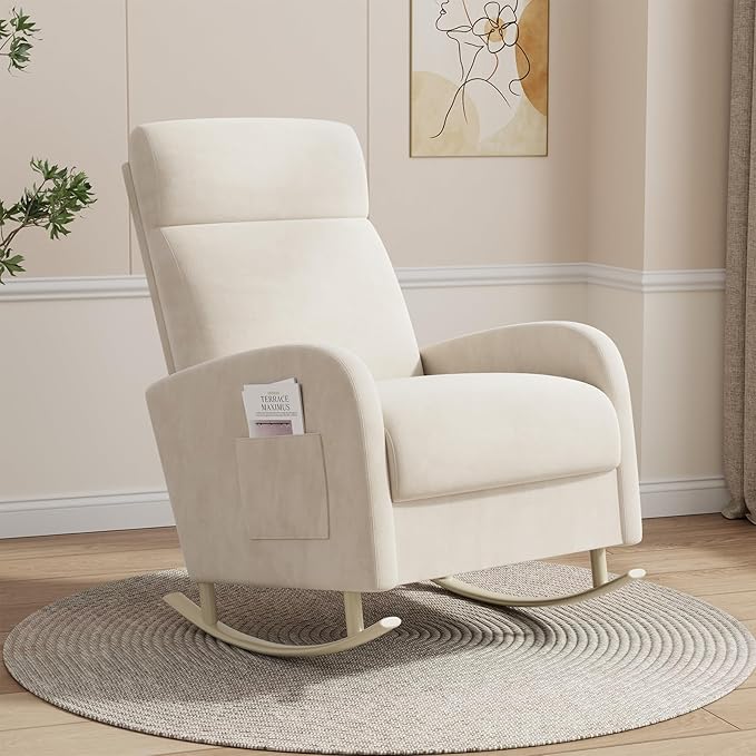 Rocking Chair Nursery Upholstered Glider Chair with Side Pocket Modern Nursery Chair with High Backrest and Rubber Metail Legs Accent Armchair for Living Room Bedroom Indoor (Beige Velvet)