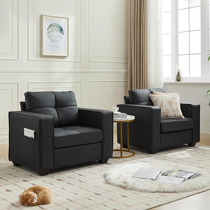 TYBOATLE Accent Chair Comfy Black Faux Leather Living Room Chair Reading Oversized Accent Chairs Tufted Mid Century Modern Arm Chair Wide Armchair for Office Bedroom Lobby