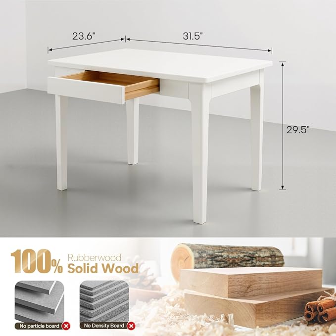 31 Minimalist Solid Rubberwood Desk with Metal Glide Drawers True White - Extra Deep 24 Makeup Vanity &amp Writing Table