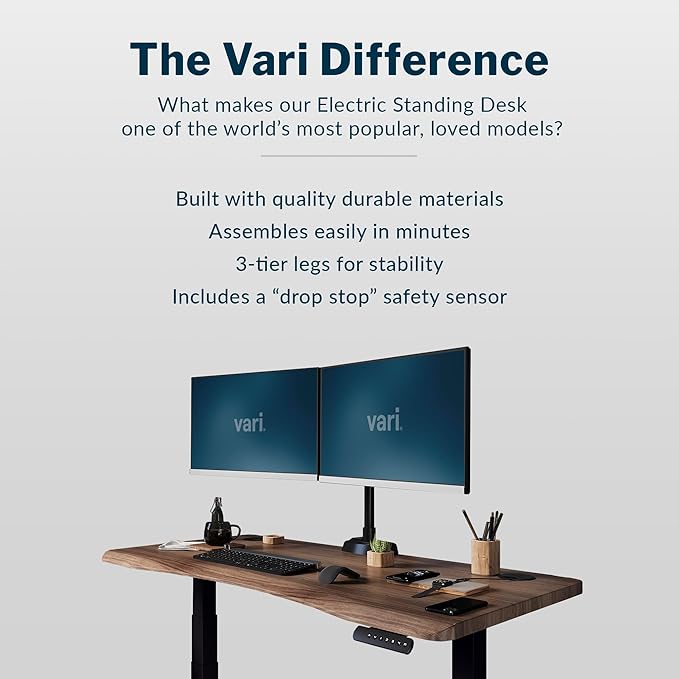 Vari Ergo 54x26 Electric Standing Desk + Height Adjustable Sit-Stand Desk + Curved Waterfall Edge 4 Memory Settings Quick Assembly Cable Management 200 lb Capacity – Walnut/Black (2 Boxes)
