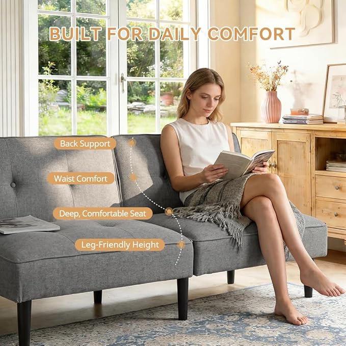 COMHOMA 67″Futon Sofa BedModern Convertible Sleeper Sofa Fabric Futon Couch with Multi-Position Backrest for Living Room Furniture (Light Grey)