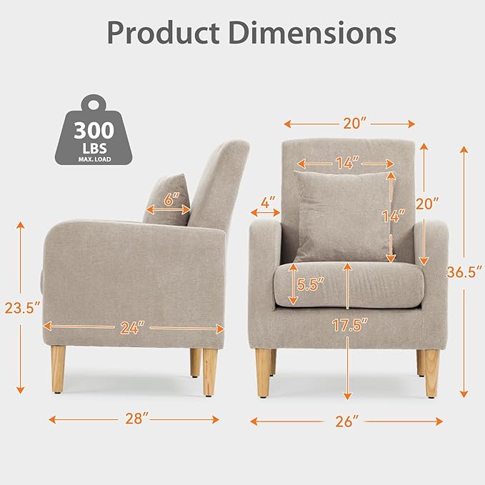 Upholstered Sofa Chair with Pillow Fabric Accent Armchair with Wooden Legs Comfy Lounge Chair for Living Room Bedroom or Office Supports up to 300 lbs (Beige)