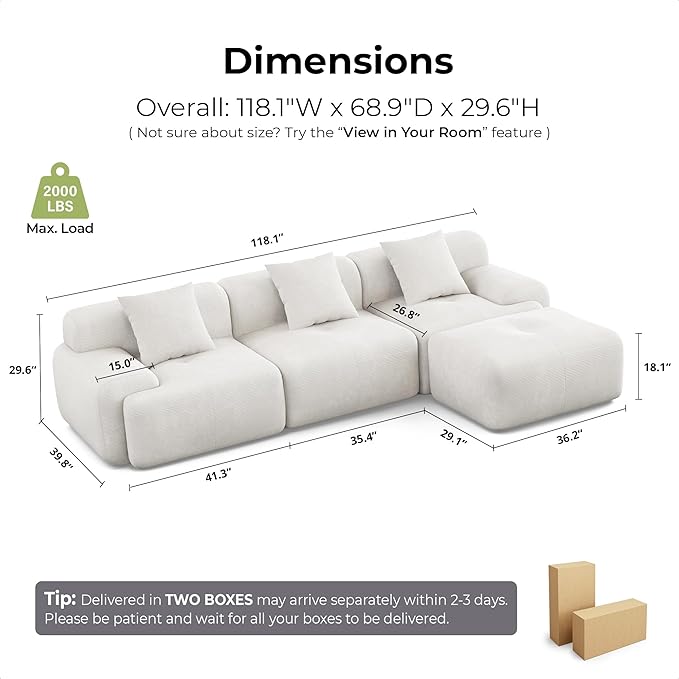 LIKIMIO 118 Modular Sectional Sofa with Ottoman L-Shaped Boneless Couch with Deep Seat for Living Room No Assembly Required Corduroy Upholstery Beige