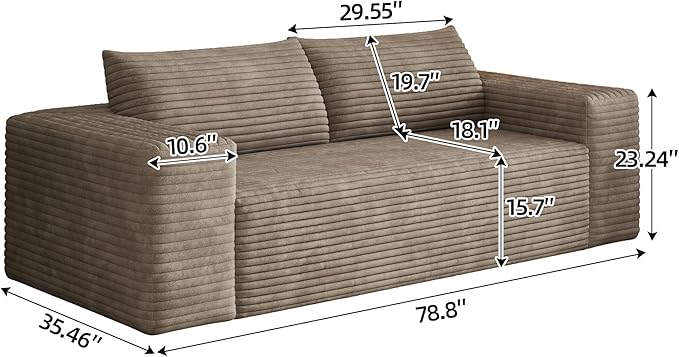 78.8 Corduroy Boneless Couch 3-Seater Compression Sofa with 2 Throw Pillows No Assembly Required Comfy Loveseat Sofa in a Box Modern Couches for Living Room (Camel 78.8 inch) | Breathable Materi